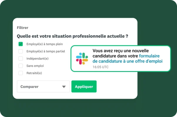 Une notification Slack signalant l’arrivée d’une nouvelle candidature dans le formulaire, avec un filtre selon la situation professionnelle