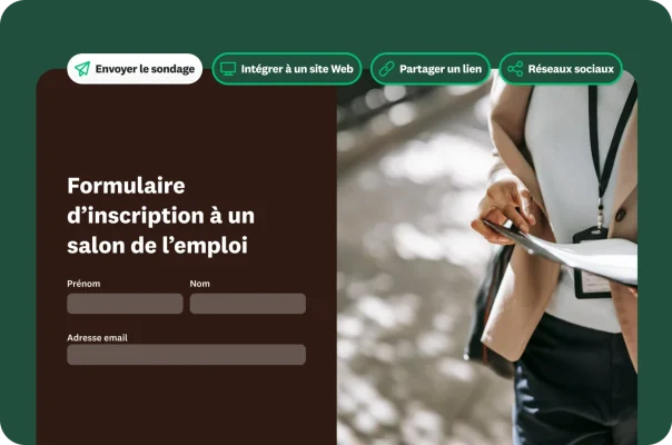 Une personne distribuant un formulaire lors d’un salon de l’emploi, avec à côté, un formulaire d’inscription à un salon de l’emploi contenant les champs « Nom », « Prénom » et « Adresse email », ainsi que plusieurs options dont « Partager un lien » et « Intégrer à un site Web ».
