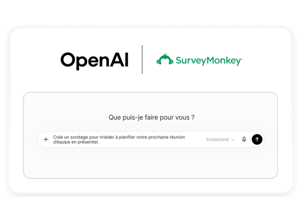 Logos SurveyMonkey et OpenAI au-dessus d’un prompt indiquant : « Crée un sondage pour m’aider à planifier notre prochaine réunion d’équipe en présentiel ».