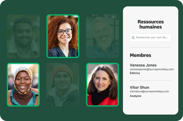 Portraits de six employés avec, sur la droite, un volet intitulé Ressources humaines et des informations sur deux membres de cette équipe : Vanessa Jones et Vitor Shun.