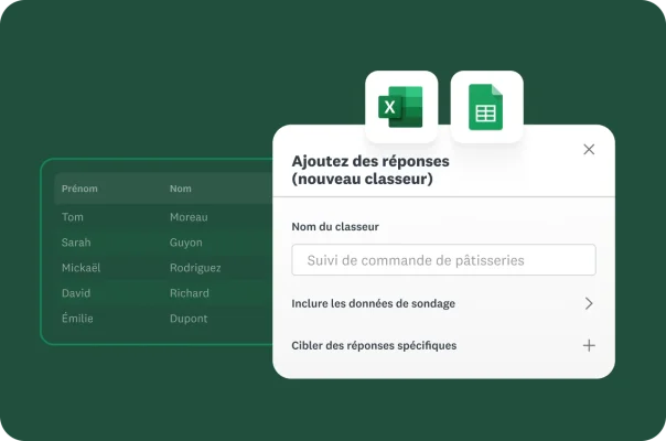 Interface d’exportation de données avec Excel et Google Sheets