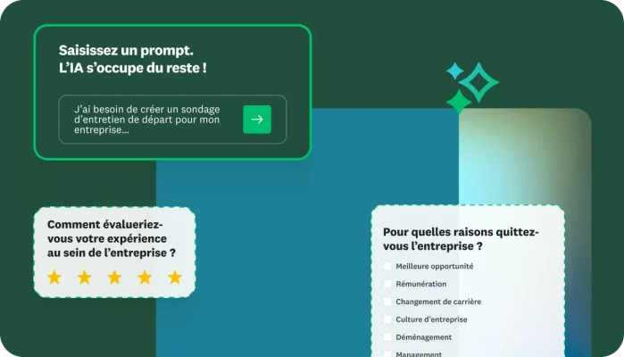 Zone de texte demandant à l’utilisateur de rédiger un prompt, l’IA se chargeant du reste et de créer un sondage, à côté de questions de sondage demandant d’évaluer son expérience de travail dans l’entreprise et ses principaux motifs de départ