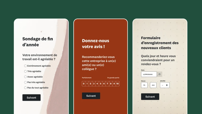 Captures d’écran de trois sondages affichés sur des appareils mobiles