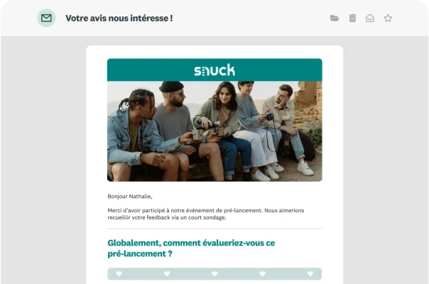 Invitation par email contenant la question « Globalement, comment évalueriez-vous ce pré-lancement ? »