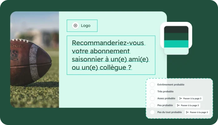 Capture d’écran de création de sondage, avec différentes options de personnalisation intégrant un branchement conditionnel et la possibilité de passer à d’autres questions en fonction de la réponse