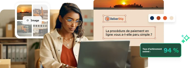 Une femme en train de travailler sur un ordinateur portable avec, en incrustation, une question de sondage sur la procédure de paiement et des options de personnalisation, telles qu’un sélecteur de couleurs, une mosaïque d’images et l’ajout d’un logo (ici DeliverShip).