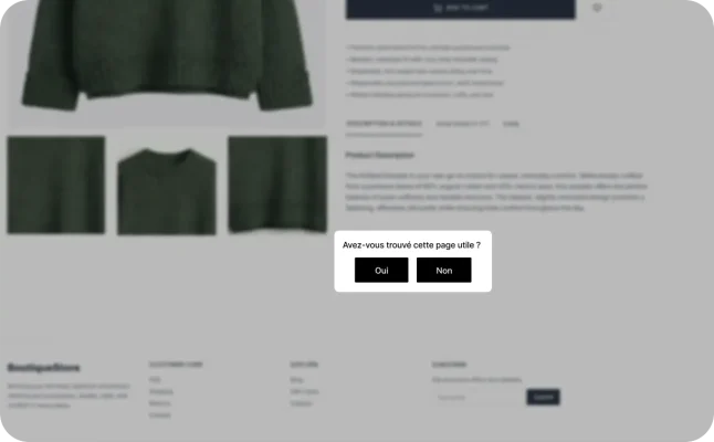 Widget GetFeedback intégré à la page d’un site de commerce en ligne affichant la question « Avez-vous trouvé cette page utile ? », avec les boutons Oui et Non.