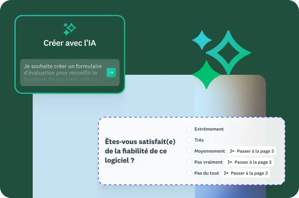 Une question de sondage sur la fiabilité des logiciels avec branchement conditionnel et des prompts IA en superposition.