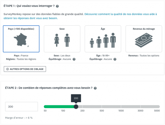 Capture d'écran de l'outil d'estimation SurveyMonkey Audience