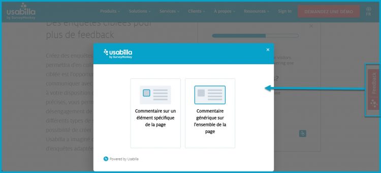 illustration du bouton de feedback sur un site ou une app, et fenêtre pop-up de sondage ultraciblé