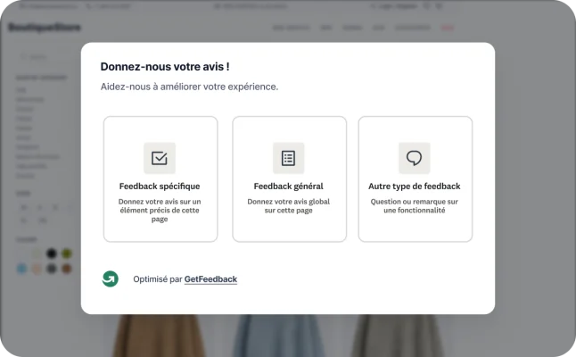 Modale de feedback optimisée par GetFeedback invitant les visiteurs d’un site à laisser un avis général ou sur un sujet précis.