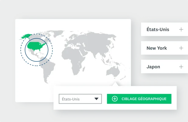 Capture d’écran d’un planisphère avec différents lieux mentionnés et une touche permettant d’effectuer un ciblage par région du monde