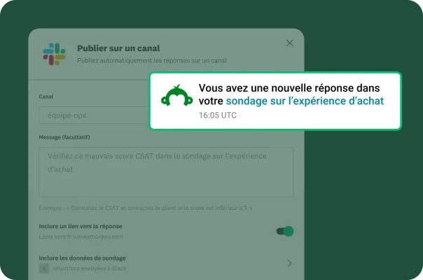 Une alerte indiquant « Vous avez une nouvelle réponse dans votre sondage sur l’expérience d’achat »