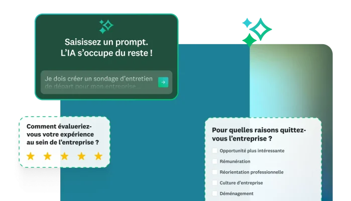 Deux questions de sondage accompagnées d’un message indiquant de saisir un prompt pour laisser l’IA créer un sondage