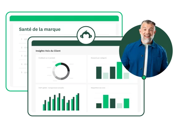 Homme ayant l’air surpris à côté d’une capture d’écran montrant une analyse de la voix du client dans SurveyMonkey