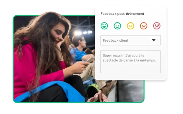 Femme regardant son smartphone, avec en incrustation une capture d’écran d’un sondage post-événement