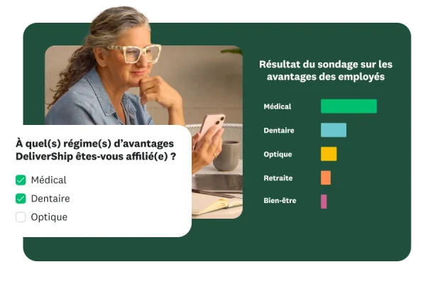 Une femme en train de regarder son téléphone portable avec, en incrustation, une question de sondage demandant à quel(s) régime(s) d’avantages le participant est affilié, et sur la droite, un graphique à barres montrant les résultats d’un sondage sur les avantages des employés pour « Médical », « Dentaire », « Optique », « Retraite » et « Bien-être ».