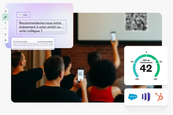 Une salle avec un écran de projection montrant un code QR et des personnes brandissant leur téléphone pour le scanner avec, en incrustation, un score NPS d’événement de 42, divers logos d’entreprises comme Salesforce et HubSpot, et une capture d’écran d’une question de sondage demandant dans quelle mesure les participants recommanderaient l’événement à un(e) ami(e) ou un(e) collègue.