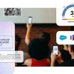 Une salle avec un écran de projection montrant un code QR et des personnes brandissant leur téléphone pour le scanner avec, en incrustation, un score NPS d’événement de 33, divers logos d’entreprises comme Salesforce et HubSpot, et une question de sondage liée au NPS.