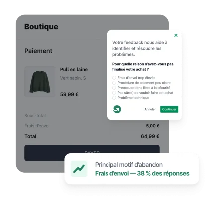Page de paiement d’un site Web, avec en incrustation, un sondage indiquant les frais d’envoi comme principal motif d’abandon de panier (38 %)