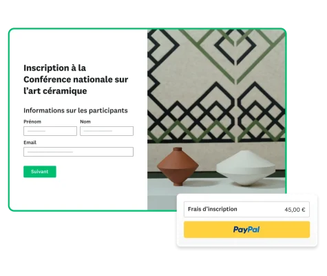 Capture d’écran d’un formulaire d’inscription à une conférence, avec paiement des frais d’inscription via PayPal