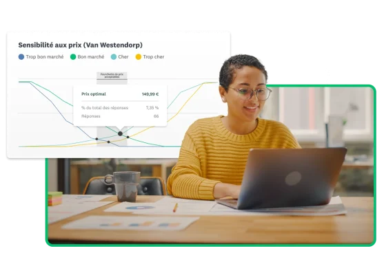 Une femme travaillant sur un ordinateur portable, avec en incrustation un graphique indiquant le prix optimal d’un produit selon le nombre de réponses collectées