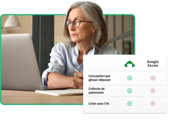Femme regardant un écran d’ordinateur portable avec en incrustation un comparatif des fonctionnalités entre SurveyMonkey et Google Forms