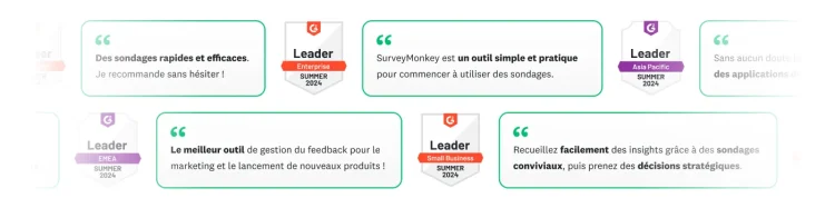 Différentes citations d’utilisateurs de G2 exprimant leur satisfaction vis-à-vis de SurveyMonkey, accompagnées d’écussons G2 récompensant SurveyMonkey