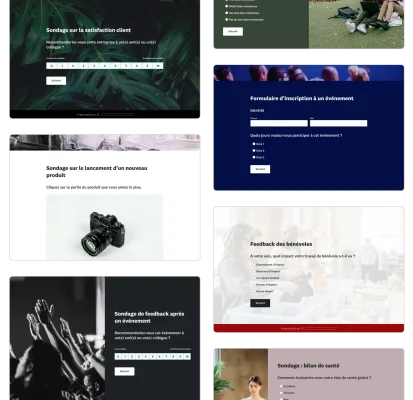 Captures d’écran de différents modèles de sondages SurveyMonkey, dont un sondage sur la satisfaction client, un sondage auprès de bénévoles, un sondage de feedback sur un nouveau produit
