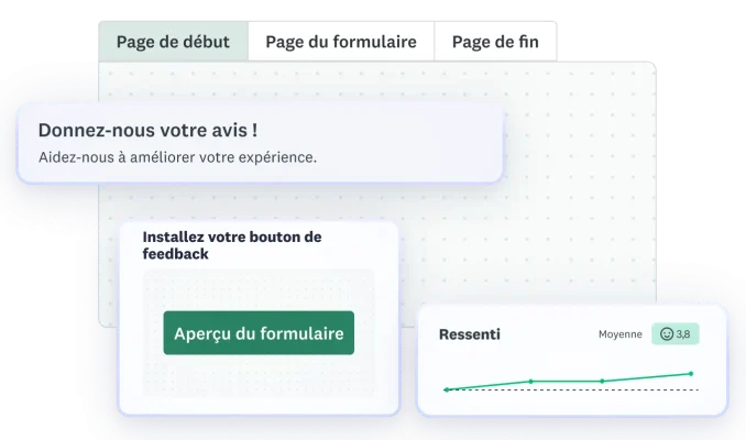 Interface de la plateforme GetFeedback présentant le workflow de conception des formulaires, la configuration du bouton d’aperçu et l’analyse du ressenti des visiteurs.