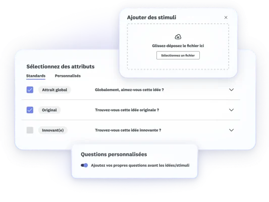 Différentes étapes d’un test Comparateur d’idées avec ajout des stimuli, sélection des attributs et activation de l’option « Questions personnalisées »