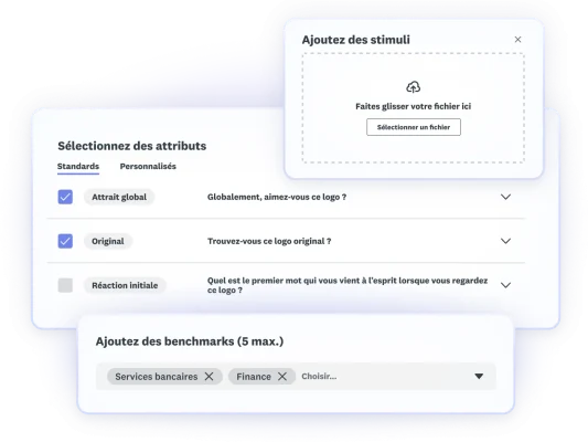 Différentes étapes d’un test de logo avec chargement des stimuli, sélection des attributs et ajout de 5 benchmarks au maximum