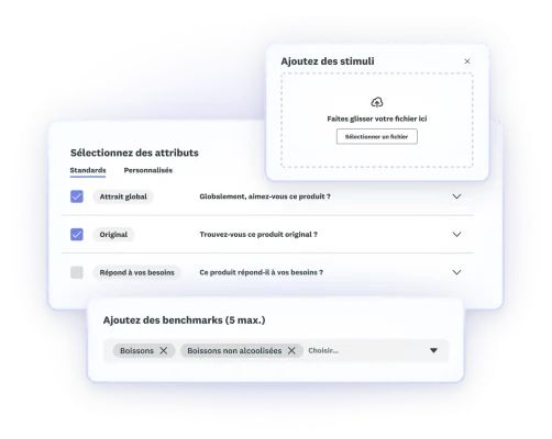 Différentes étapes d’un test de concept avec chargement des stimuli, sélection des attributs et ajout de 5 benchmarks au maximum