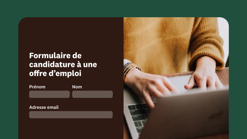 Une personne en train de taper sur un ordinateur portable avec, en incrustation, un formulaire de candidature à une offre d’emploi