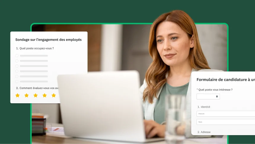 Une femme en train de travailler sur un ordinateur portable avec, en incrustation, un sondage sur l’engagement des employés.