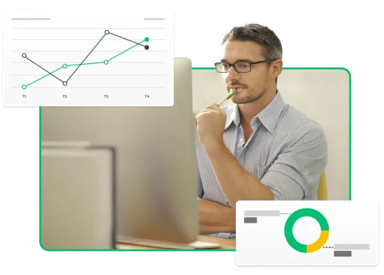 Homme portant des lunettes consultant les résultats d’un sondage sur un ordinateur, avec des graphiques en incrustation