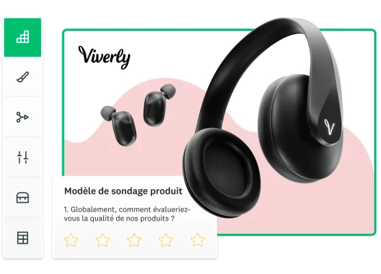 Casque audio avec en incrustation la question de sondage suivante : « Globalement, comment évalueriez-vous la qualité de nos produits ? »