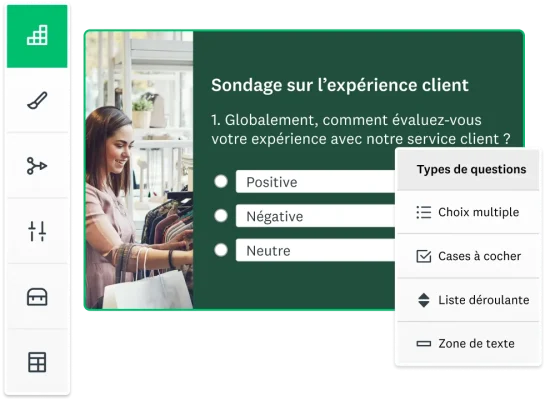 Personne travaillant sur un ordinateur avec en incrustation des captures d’écran illustrant la conception d’un sondage SurveyMonkey