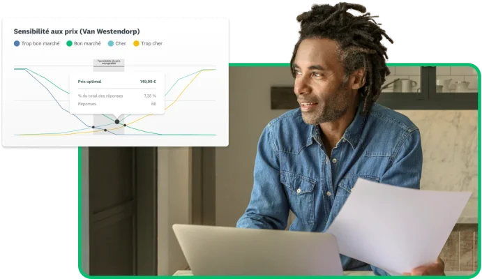 Un homme, des papiers à la main, avec en incrustation, une capture d’écran de la solution SurveyMonkey de mesure de la sensibilité aux prix de Van Westendorp