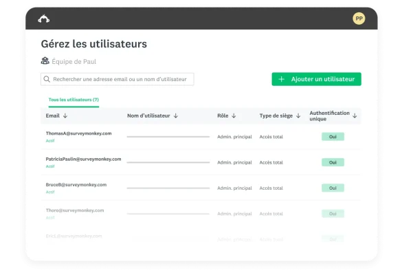 Écran de gestion des utilisateurs de SurveyMonkey