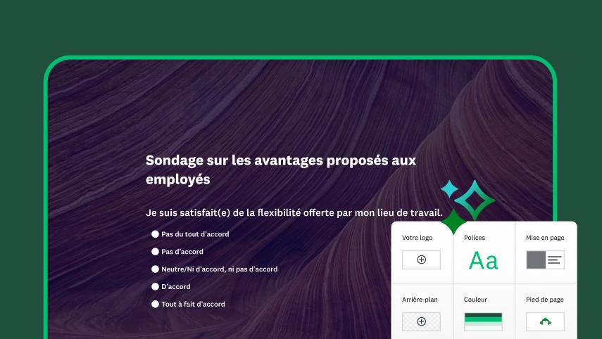 Capture d’écran d’un sondage sur les avantages sociaux proposés aux employés, avec en incrustation différentes options de conception concernant les couleurs, la police et la mise en page