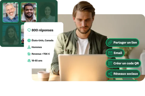 Un homme travaillant sur un ordinateur portable avec, en incrustation, les caractéristiques sociodémographiques d’une population cible et des options pour diffuser un sondage par email, via un lien Web, un code QR ou les réseaux sociaux.