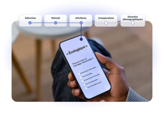 Person looking at a survey question on their phone, asking about how memorable is this message