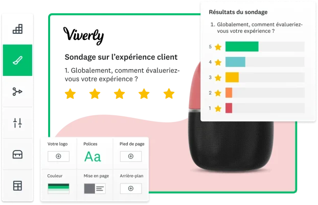 Illustrations des différentes options de personnalisation des sondages SurveyMonkey, notamment couleurs, texte, images, logo et arrière-plan