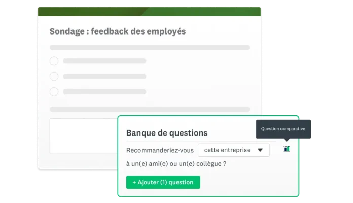 Capture d’écran d’un sondage de feedback employé avec, en incrustation, un exemple provenant de la banque de questions portant sur les recommandations des employés