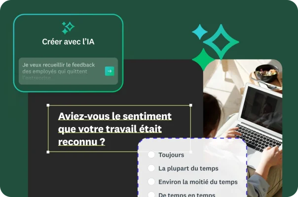 Une personne en train de taper sur un ordinateur portable, avec, en incrustation, un prompt d’IA et une question à choix multiple.