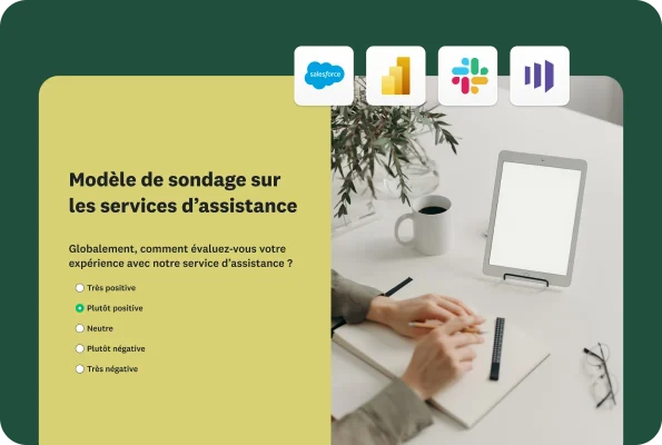 Modèle de sondage d’évaluation du service d’assistance avec une question demandant à l’utilisateur de donner son avis