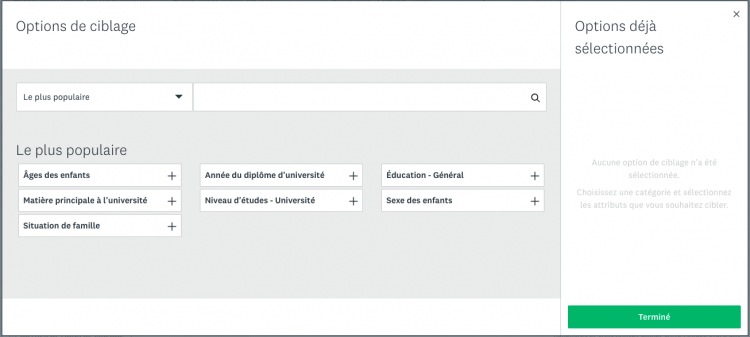 Capture d'écran des options de ciblage populaires SurveyMonkey Audience