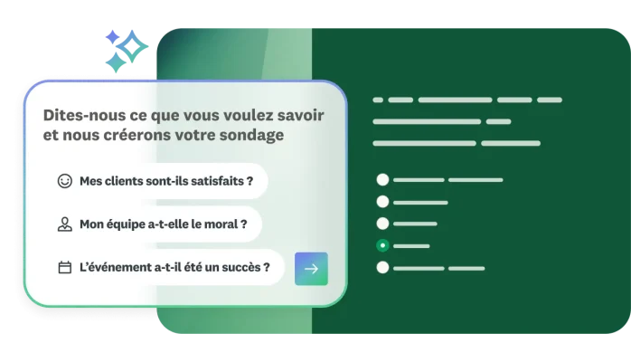 Une fenêtre du créateur de sondages IA proposant des prompts pour des sondages sur la satisfaction client, le moral de l’équipe et la réussite d’un événement, à côté d’une maquette de formulaire de sondage