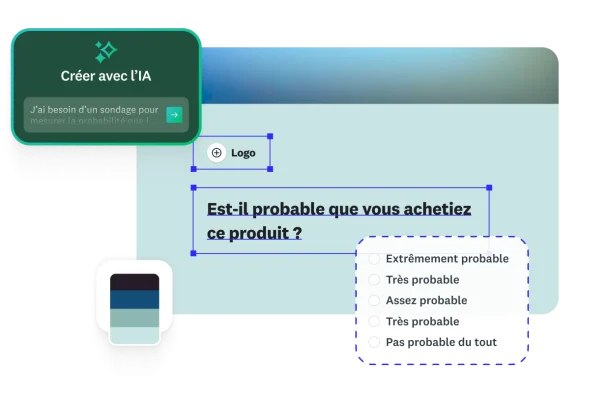 Interface utilisateur permettant de créer des sondages avec l’IA, avec un champ de texte demandant la création d’un sondage sur la probabilité d’achat et un formulaire affichant la question « Est-il probable que vous achetiez ce produit ? », ainsi qu’une échelle de réponse en 5 points.
